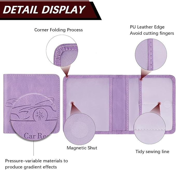 2-Pack Car Registration and Insurance Holder, Car Organization Vehicle Document Organizer with Magnetic Closure for Cards, License in Glove Box, Purple