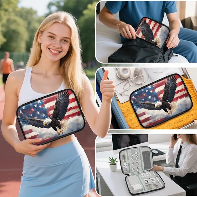 Vulture Birds Stars Travel Cable Organizer Pouch American Flag Hawk Electronics Accessories Carry Case Portable Water Resistant Storage Bag for Cord Charger Phone Earphone SD Card