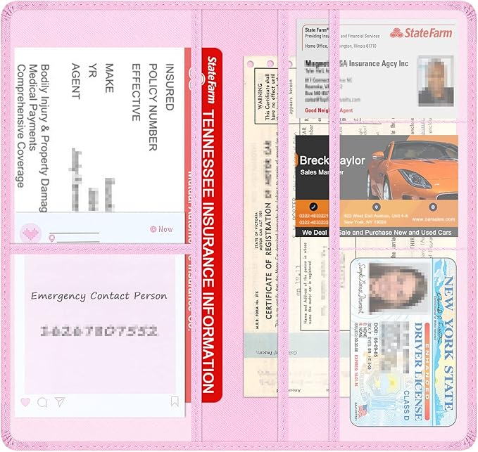 Car Insurance and Registration Holder, 9.5 x 5 Inch PU Leather Vehicle Glove Box Organizer Wallet Case for Insurance Card, Driver License, Paperwork - Pink
