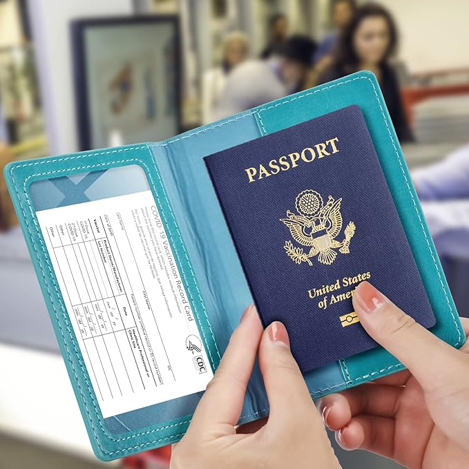 Passport and Vaccine Card Holder Combo with Vaccine Card Slot, Passport Wallet, Passport Cover/ Case for Women and Men(AK-turquoise)