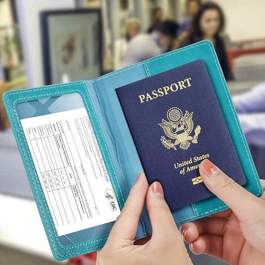 Passport and Vaccine Card Holder Combo with Vaccine Card Slot, Passport Wallet, Passport Cover/ Case for Women and Men(AK-turquoise)