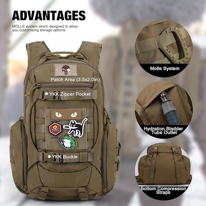 Mardingtop 28L Tactical Backpack for Men with Velcro Patch, Molle EDC Motorcycle Backpacking Backpack for Hiking,Camping, Hunting