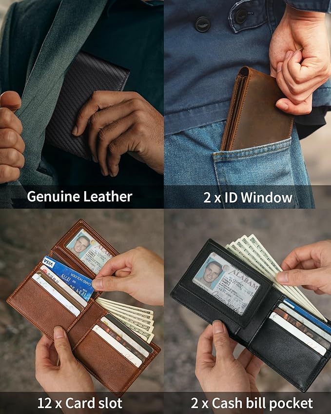 Artpaxy Mens Wallet Genuine Leather Bifold RFID Blocking Wallet for Men with 2 ID Windows 12 Card Holders 2 cash pockets 1 Gift Box