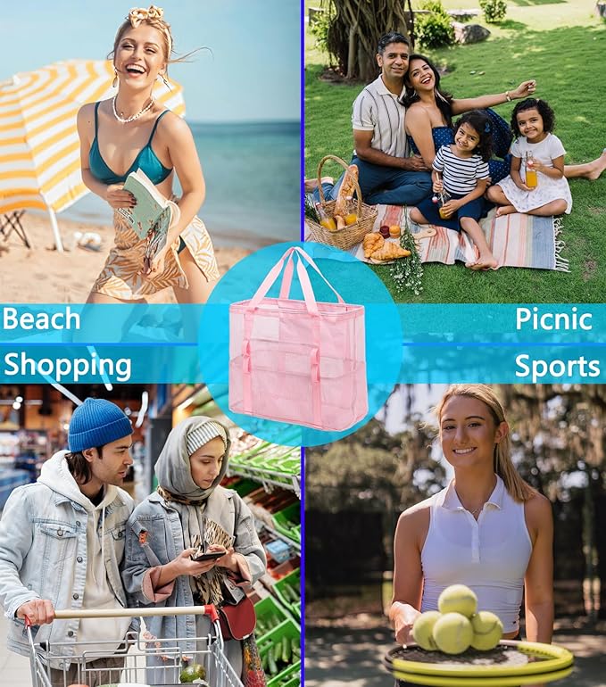 Mesh Beach Bag, Large Beach Tote with Zipper Pocket for Family Pool Bag for Toys & Vacation Essentials