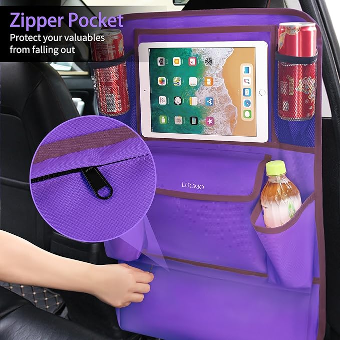 LUCMO Car Backseat Organizer with Touch Screen Tablet Holder,9 Storage Pockets Car Storage Organizer,Protectors Kick Mats Travel Accessories for Kids-Dark Purple