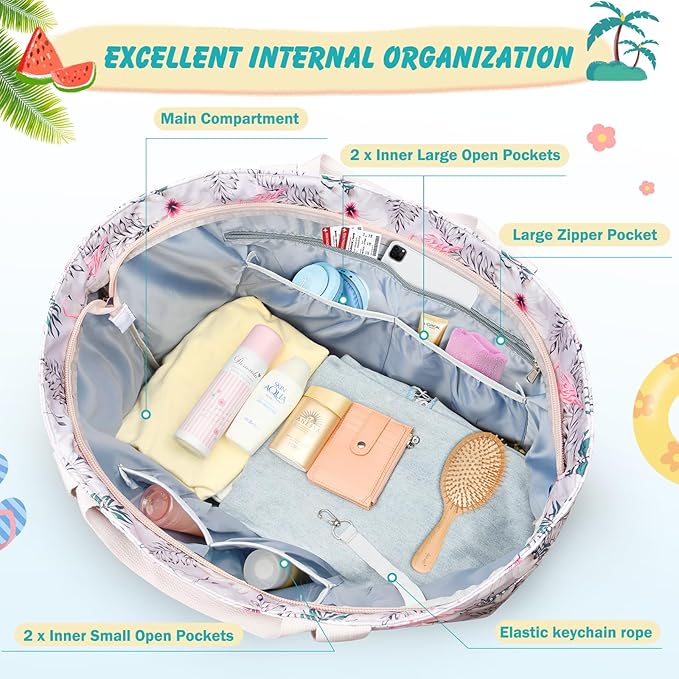 Extra Large Beach Bags for Women, Waterproof Sandproof Beach Tote Bag Zipper Foldable Swim Pool Bag with Wet Pocket