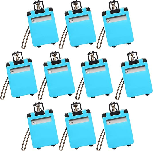10 Mini Carry-on Luggage Tags Pack - Flip Open Cover, ID Sticker - Light Blue