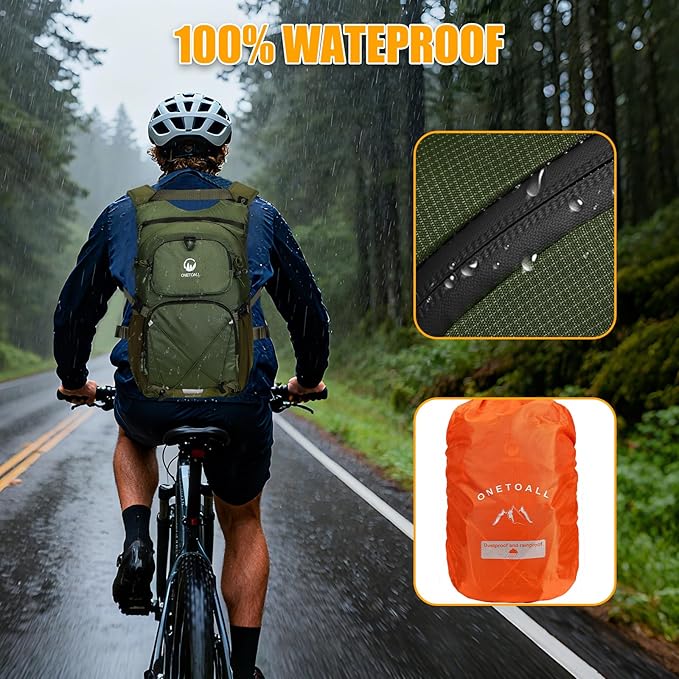 ONETOALL Hydration Backpack 22L, Hiking Backpack with 2L Leakproof Bladder, Sewn-in Rain Cover, Insulated Compartment for Men & Women Running, Cycling, Camping