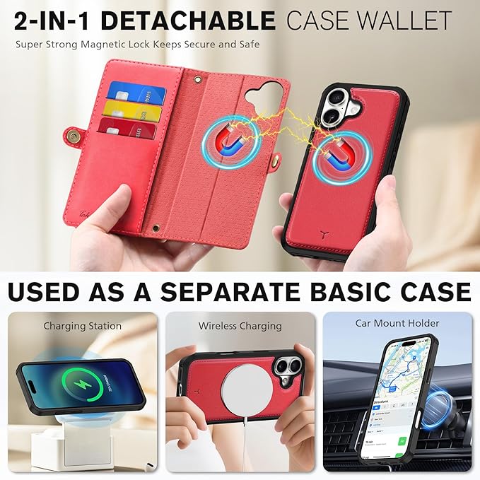 TUCCH Detachable Crossbody Wallet Case for iPhone 17 6.3", 9 Card Slots RFID Blocking | Stand | Lanyard | Wrist Strap | Wireless Charging | Zipper Pocket | PU Leather | Magnetic Flip Cover | Red