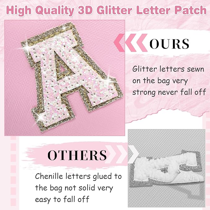 Small Personalized Initial A-Z Patch Makeup Bag,Pink Cute PU Leather Glitter Letter Cosmetic Bag for Teen Girls,Travel Toiletry Bag with Zipper,Preppy Monogrammed Birthday Gift for Daughter Niece K