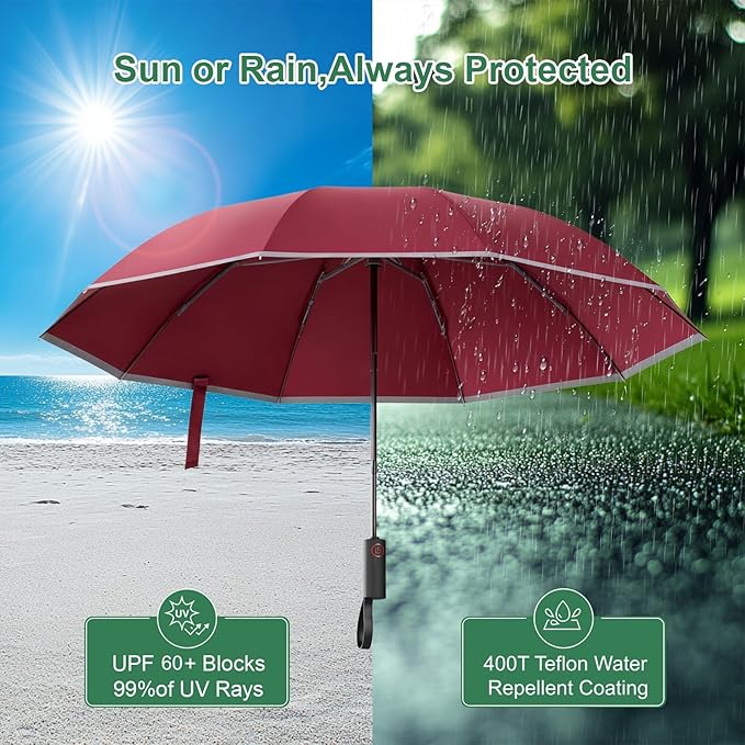 Rappeo 4-in-1 Inverted Travel Umbrella Compact, Automatic Large Umbrellas for Rain & Sun, Portable Windproof Umbrella for Backpack, Reverse Folding Umbrella for UV with Reflective Strips,Lightweight