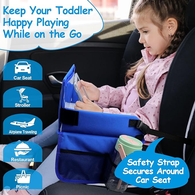 Julaiwy Travel Tray for Kids, Carseat Table Tray for Road Trip Activities, Toddler Lap Desk Organizer for Airplane - Blue