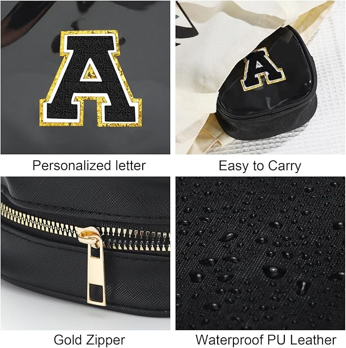 YOOLIFE Initial Makeup Bag Travel Toiletry Bag, Clear Makeup Bag Car Accessories For Women Clear Makeup Bags With Zipper Girlfriend Teacher 13 Year Old Girl Gifts Daughter Girl Gifts Mini Black Q