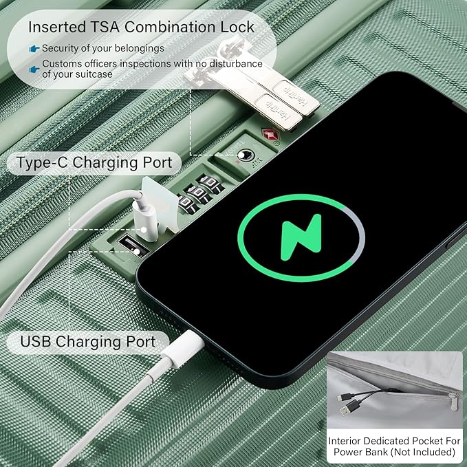 Hard Shell Suitcases Expandable Travel Luggage Sets 3 Piece, Carry on and Check in 3 Piece Luggage Suitcase Sets with Spinner Wheels Cup Holder Charger Built in (Forest Green, 20/24/28)