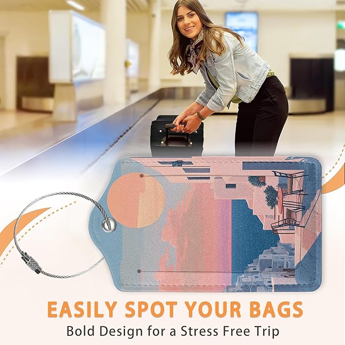 Vintage Sunset Light 3 PCS Luggage Tags, Sunset Seaside Town Leather Suitcase Tags with Privacy Cover Name Address Labels and Durable Steel Loop for Men/Women Travel Bag Suitcases