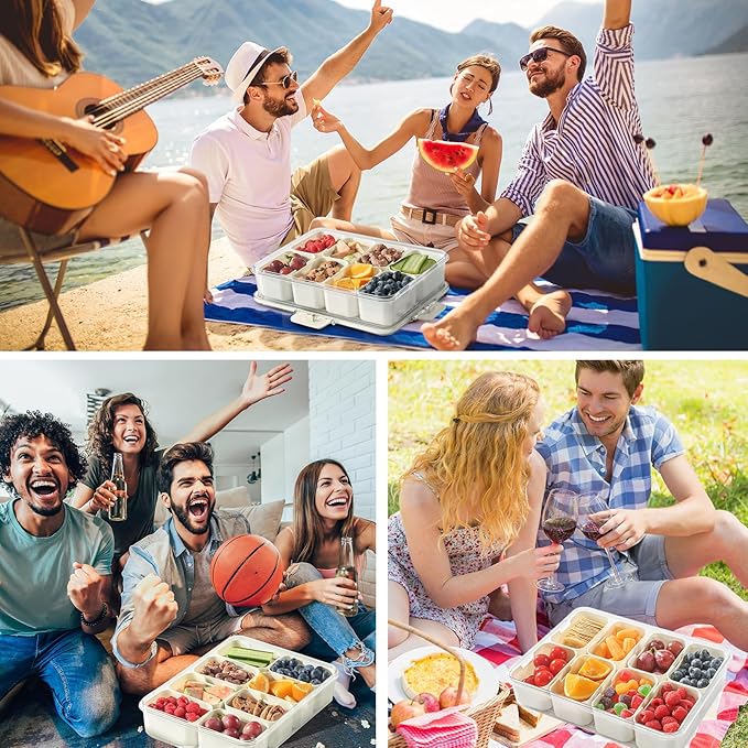 Snackle Box Container with Sealed Lid – Portable BPA-Free Snack Box with Foldable Handle, Divided Serving Tray for Fruit, Candy, Nuts & Veggies – Perfect for Travel, Picnic, Beach & Party 11.8" x 8.8"