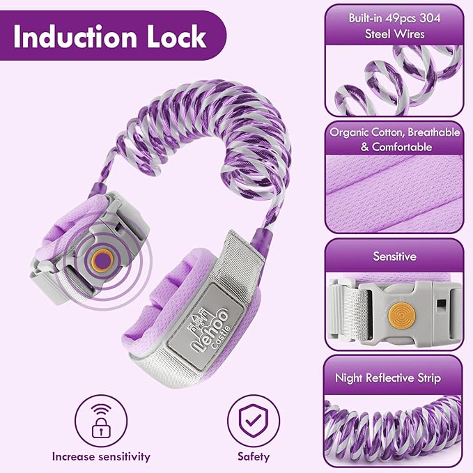 Lehoo Castle Toddler Leash, 4.9ft Kid Leash Wrist with Induction Lock, Anti Lost Wrist Link for Toddlers, Reflective Leash for Kids, Child Leashes for Toddlers (Purple)
