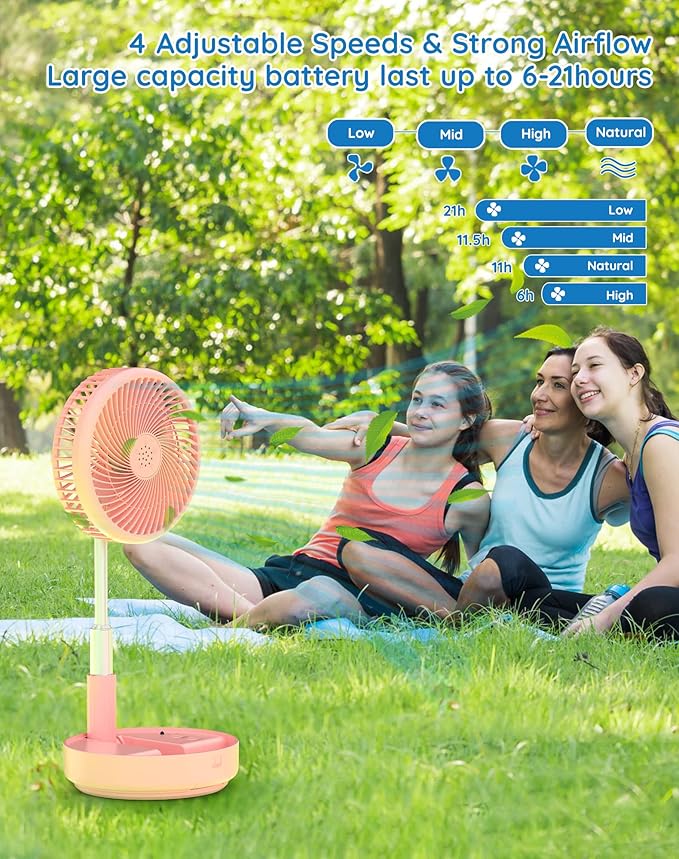 Primevolve Portable Oscillating Standing Fan,Rechargeable Battery Operated USB Floor Table Desk Fan with Remote, Bedroom Camping Travel Fans Pink 7.7"