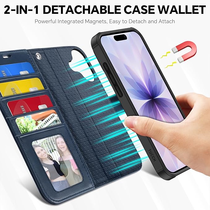 TUCCH 2-in-1 Detachable Wallet Case for iPhone 17 (6.3-inch) 2025, RFID Blocking | 4 Card Holders | Wireless Charging | Wrist Strap | Kickstand | Magnetic | PU Leather Protective Cover | Dark Blue