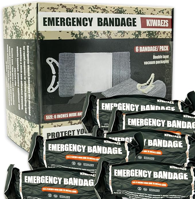 Israeli Style Emergency Bandage - 6 Inch, Sterile Vacuum Sealed - Combat Tactical First Aid Kit IFAK Supplies - Compression Trauma Wound Dressing, 6 Count