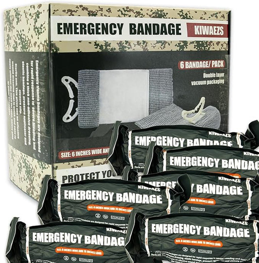 Israeli Style Emergency Bandage - 6 Inch, Sterile Vacuum Sealed - Combat Tactical First Aid Kit IFAK Supplies - Compression Trauma Wound Dressing, 6 Count