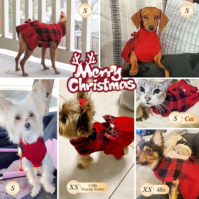 KYEESE Dog Christmas Sweater Dress with Bowtie Checkered, Turtleneck Dog Sweater for Small Dogs Girl with Leash Hole, Holiday Warm Pet Sweaters Dress, Red, Small