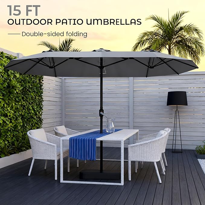 15ft Patio Umbrella with Base,Large Outdoor Double-Sided Rectangle Umbrella with Crank Handle, Market Umbrella for Poolside Garden Deck Backyard Beach Pools, Gray