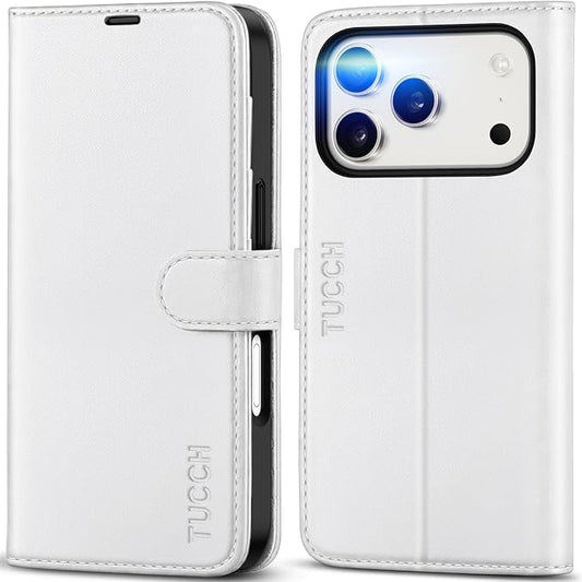 TUCCH Wallet Case for iPhone 17 Pro (6.3") 2025, RFID Blocking 4 Card Holders | Kickstand | Shockproof TPU Shell | PU Leather | Magnetic Closure | Protective Flip Folio Cover | White