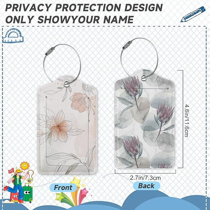 Set of 2 Luggage Tags for Suitcases,Leather Floral Leaves Line Art Baggage Tags with Stainless Steel Loop, Privacy Name ID Card Cover Kawaii Travel Labels for Women Men Kids Girls