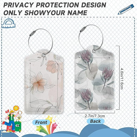 Set of 2 Luggage Tags for Suitcases,Leather Floral Leaves Line Art Baggage Tags with Stainless Steel Loop, Privacy Name ID Card Cover Kawaii Travel Labels for Women Men Kids Girls