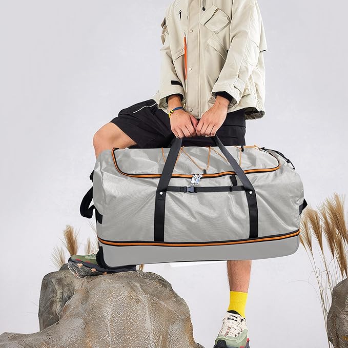 32” 1680D Oxford Foldable Duffle Bag with 2 Wheels,110L to 140L Expandable Soft Sided Rolling Travel Bag,Grey