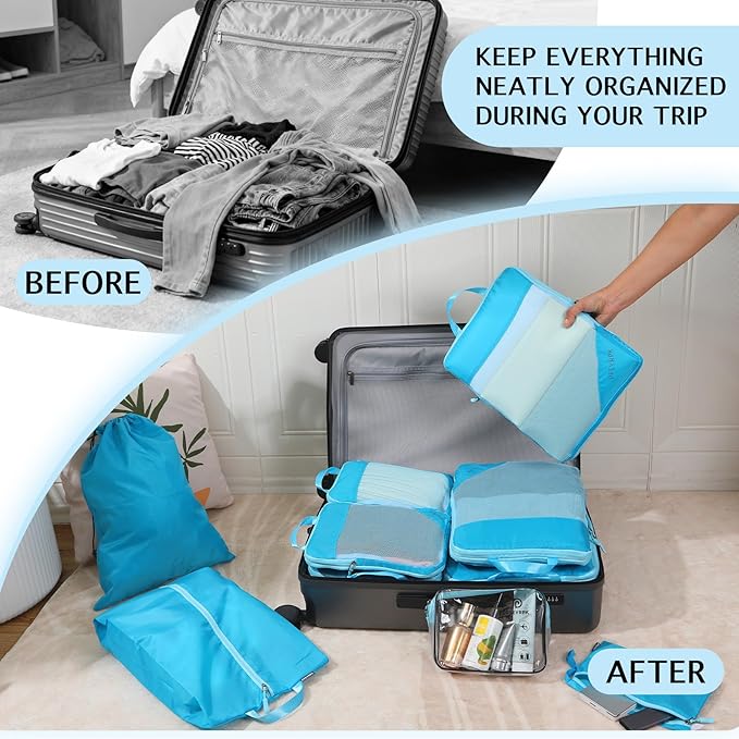 Lightweight Compression Packing Cubes for Suitcases, Compressible Expandable Travel Packing Organizer with Clear Toiletries and Backpack Bag, Travel Essentials for Carry on Luggage 7 Set