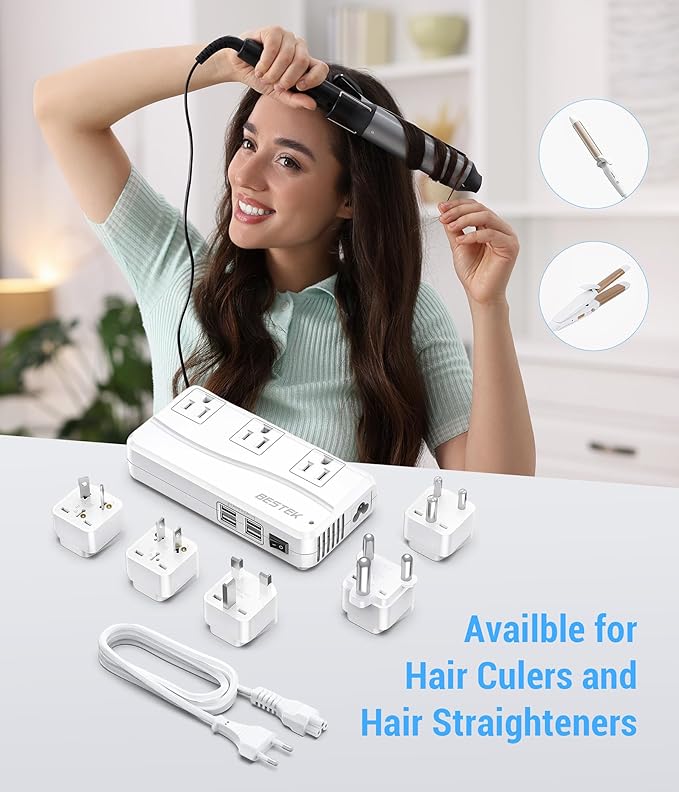 BESTEK 220v to 110v Voltage Converter, US to Europe Converter for Hair Straightener/Curling Iron, 250W Power Converter for European Travel, (EU/UK/AU/JP/India/South Africa Universal Plug Adapter)