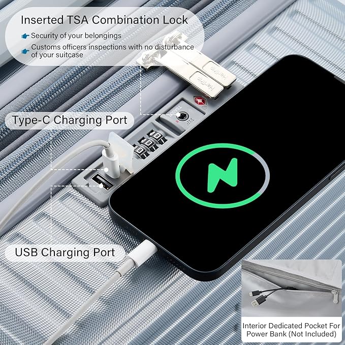 Hard Shell Suitcases 24 Inch Check in Luggage with Spinner Wheels, Expandable Travel Luggage with Cup Holder Charger Built in, Checked Medium Suitcase Lightweight Suitcases, Silver