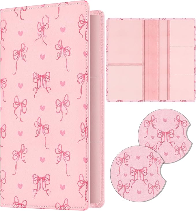 Slohif Car Registration and Insurance Card Holder - Bow Vehicle Glove Box Organizer Women with Magnetic Shut Leather Automobile License Holders Coasters Auto Accessories Case for Document