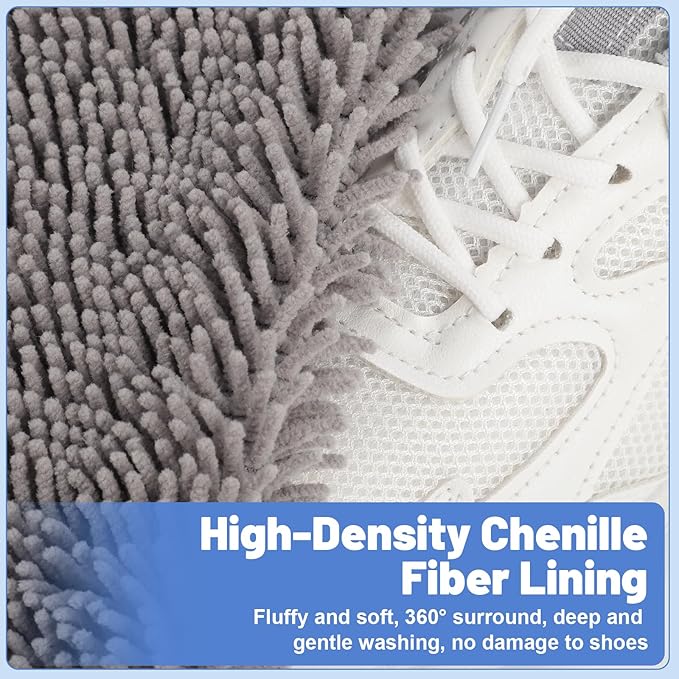 Shoe Washing Machine Bags, 2 PCS Reusable Grey+White Chenille Laundry Bags for Washing Machine, 360 Wrap-Around Clean Shoe Laundry Bags with Hidden Zipper