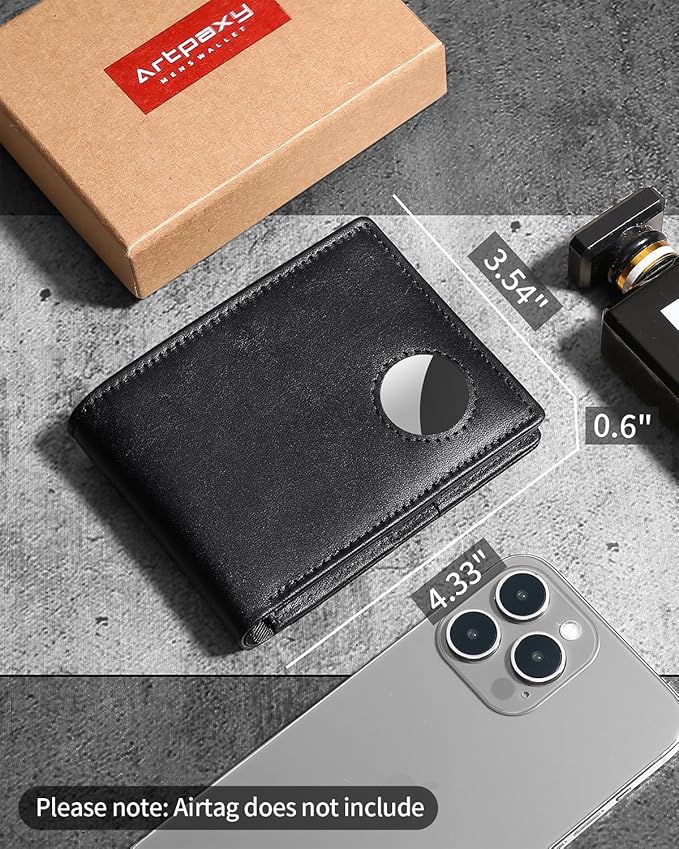 Mens Wallet With AirTag Holder, Bifold Leather RFID Blocking 1-2 ID Windows 12-13 Card Holders, Gift Box and Screen Protector Included, AirTag Not Included