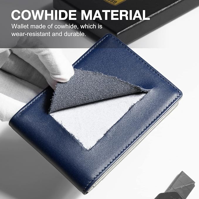 GSOIAX Mens Slim Wallet for Men Minimalist Genuine Leather Carbon Fiber Rfid Blocking Bifold Credit Card Holder With Gift Box (Dark Blue and Beige)