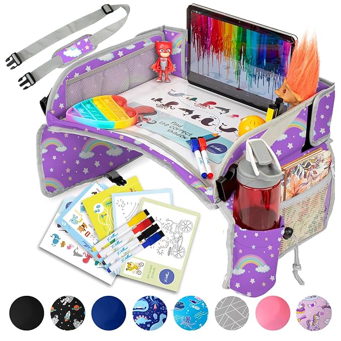 PILLANI Kids Travel Tray for Car - Car Seat Tray for Kids Travel, Road Trip Essentials Must Haves - Carseat Table Roadtrip Activities - Toddler Lap Desk Organizer for Airplane - Kids Travel Essentials