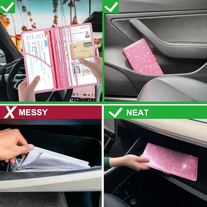 RSAquar Car Registration & Insurance Holder - Leather Glove Box Organizer, Cool Accessories for ID, Driver's License Cards & Docs, Men & Women, Pink Glitter