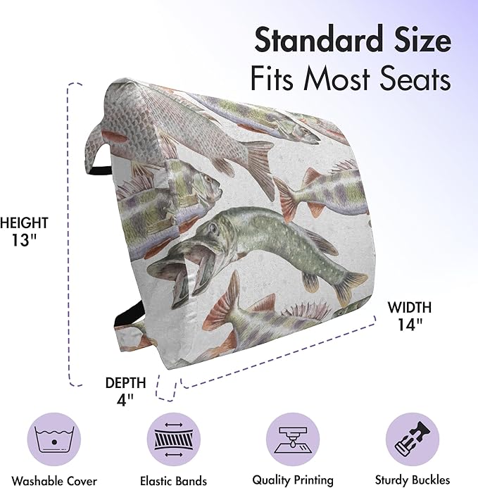 Ambesonne Fishes Lumbar Back Support Pillow, Watercolor Common Carp Perch and Bass Freshwater Animals Themed Seafood Drawing, High Density Foam for Office Chairs Car Seats, 14" x 13", Grey Green
