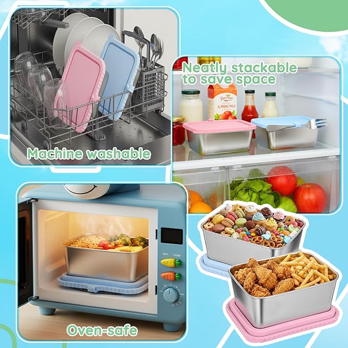 Acellegic Stainless Steel Snack Containers with Silicone Lids, 15 oz Reusable Food Storage Deli Containers for Meal, Leak Proof, Easy Open BPA Free Daycare and School(Blue, Pink,2 Pack)