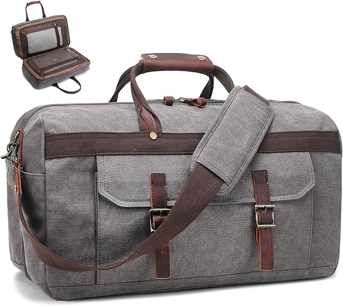Duffle Bag for Men Waterproof Genuine Leather Canvas Travel Duffel Bags for Women Overnight Weekender Bag for Traveling