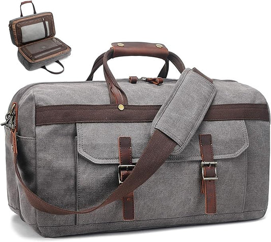 Duffle Bag for Men Waterproof Genuine Leather Canvas Travel Duffel Bags for Women Overnight Weekender Bag for Traveling