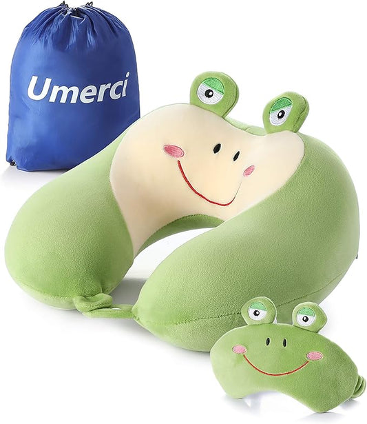 Umerci Travel Pillow, Memory Foam Neck Pillow with 360-Degree Head Support Comfortable Airplane Pillow with Storage Bag Lightweight Traveling Pillow for Sleeping, Car, Train, Bus and Home Use (Frog)