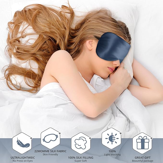 Silk Sleep Mask 100% 22 Momme Mulberry, Sleep Eye Mask for Women Men, Blackout Blindfold with Adjustable Strap, Side Sleeper Eye Cover, Soft Eyeshade Filled with Premium Mulberry Silk (Blue)