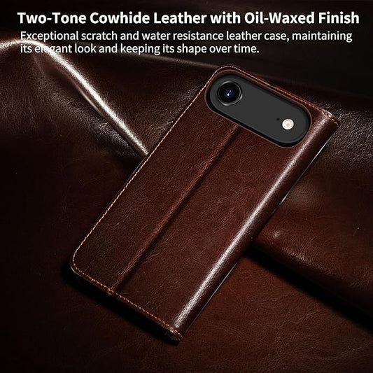 Belemay Genuine Leather Wallet Case for iPhone 17 Air, Premium Cowhide Leather Two-Tone Effect, RFID Blocking Card Holders, Shockproof TPU Shell, Kickstand, Flip Cover for iPhone Air 2025 6.5", Brown