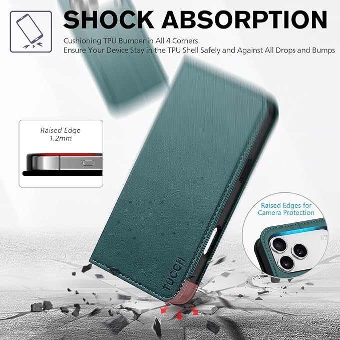 TUCCH Wallet Case for iPhone 17 Pro Max (6.9-Inch) 2025, 3 Credit Card Slot | RFID Blocking | Stand | PU Leather | Shockproof TPU Interior Shell | Protective Flip Folio Cover | Teal Blue