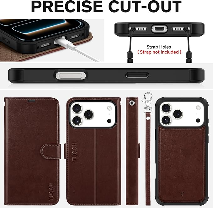 TUCCH 2-in-1 Detachable Wallet Case for iPhone 17 Pro Max (6.9-inch) 2025, Wireless Charging | RFID Blocking 4 Card Holders | Wrist Strap | Kickstand | Magnetic | PU Leather Cover | Chocolate Brown
