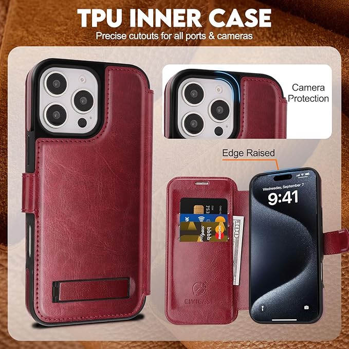 CIVICASE for iPhone 16 Pro Max Wallet Case with Stand,PU Leather Flip Credit Card Holder Slots (RFID Blocking),Compatible with Magsafe Magnetic Holder Phone Cover Women Men,Wine Red